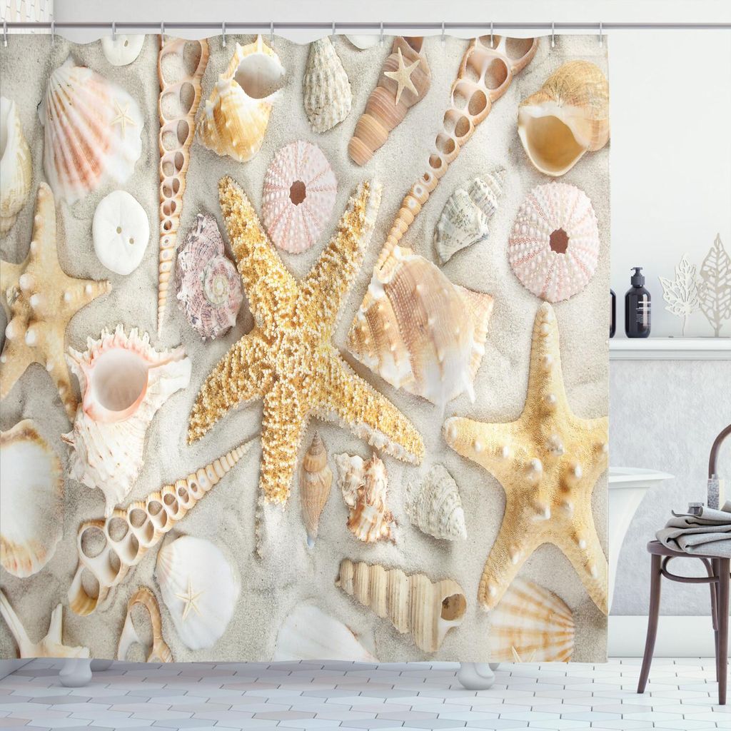 ABAKUHAUS Schale Duschvorhang, Verschiedene Muscheln in Sandy Beach Sommer-Ferien-Seethema Küsten Fotografie, 175 x 200 cm, Mehrfarbig