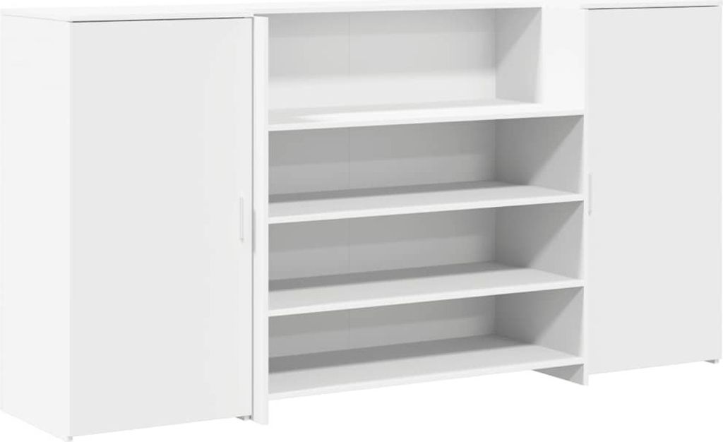 A white cabinet with multiple shelves and two doors.
