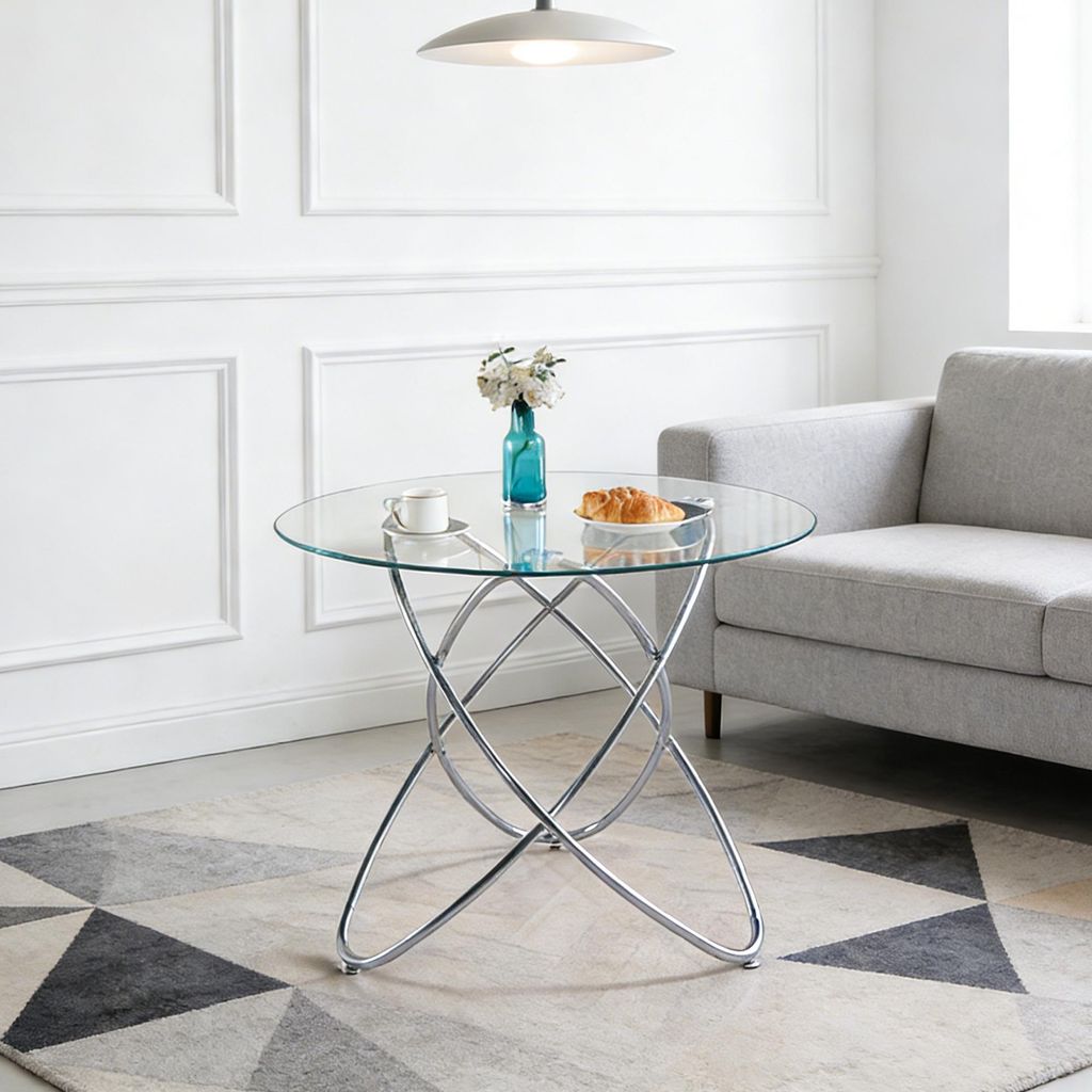 Esstisch mit verchromten Metallbeinen und Hartglas, moderner, platzsparender Küchentisch für das Wohnzimmer, verchromte Metallbeine