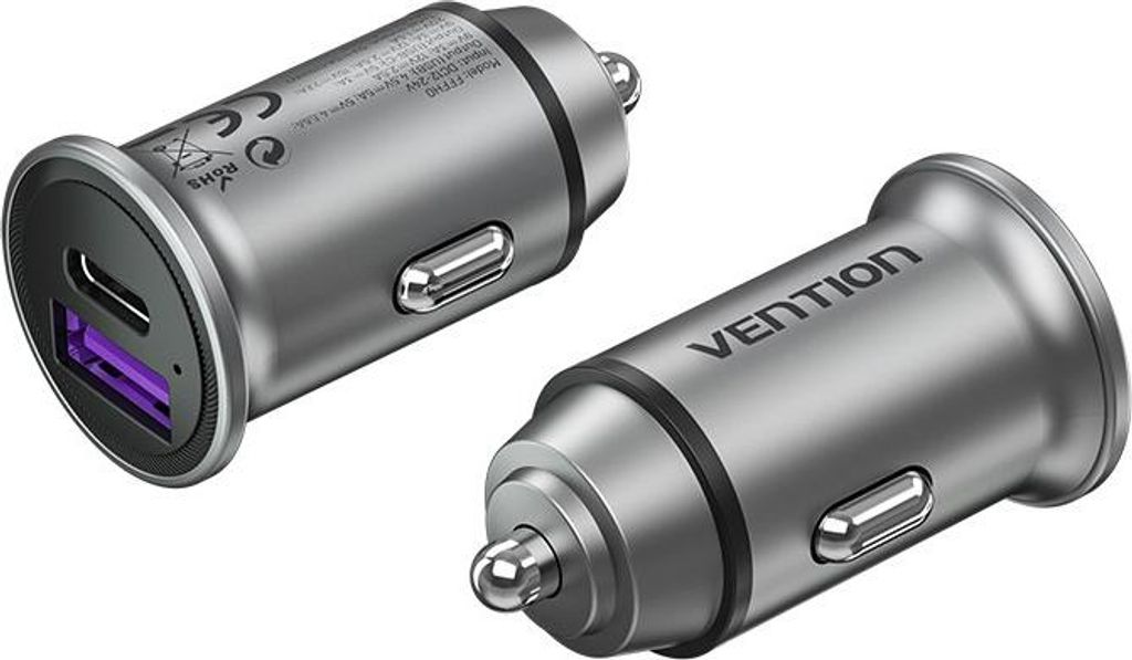 Vention Kfz-Ladegerät mit zwei USB-A+A-Anschlüssen (30+30 Mbit/s), grau, Mini-Design, Aluminiumlegierung