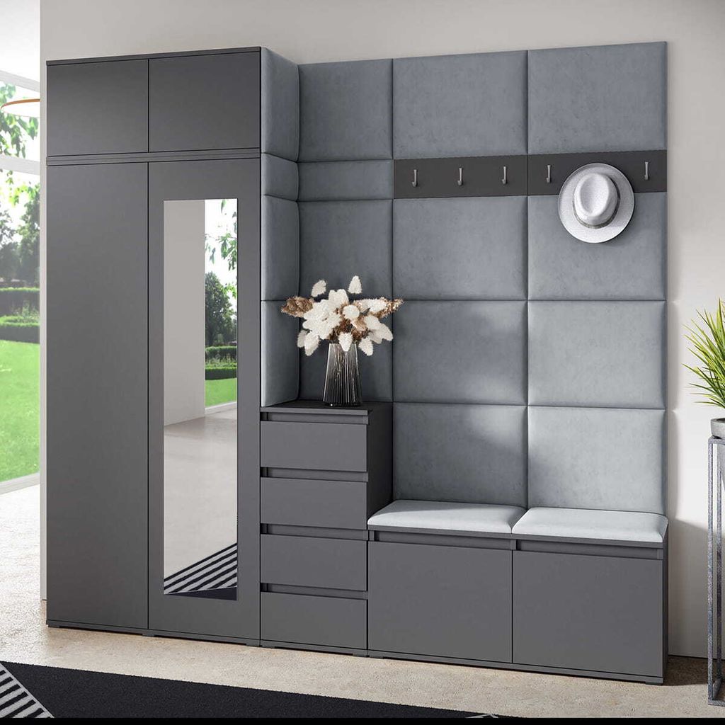 Garderoben-Set BERLIN – Kleiderschrank mit Polsterplatten, Schuhschrank und Schrankaufsatz 90 cm, für Flur und Eingangsbereich (Graphite,Trinity...