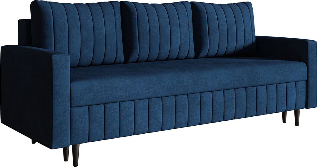 Schlafsofa 215 cm Scandi - Sofa mit Schlaffunktion, Bettkasten, Farben zur Auswahl, Holzfüße (Dunkelblau - Kronos 09)