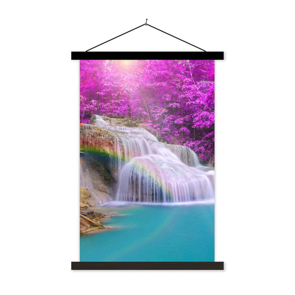 MuchoWow Textilposter Wasserfall - Bäume - Regenbogen - Lila 40x60 cm mit schwarzem Rahmen - Wanddekorationen