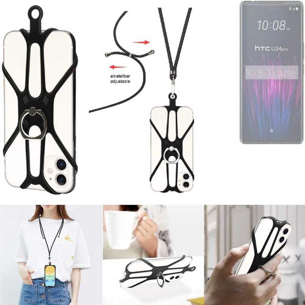 K-S-Trade 3in1 Handykette Handyband Handykordel Halsband Smartphone-Ring Handy-Ring kompatibel mit HTC U24 pro Fingerhalterung Handyring Tischständer