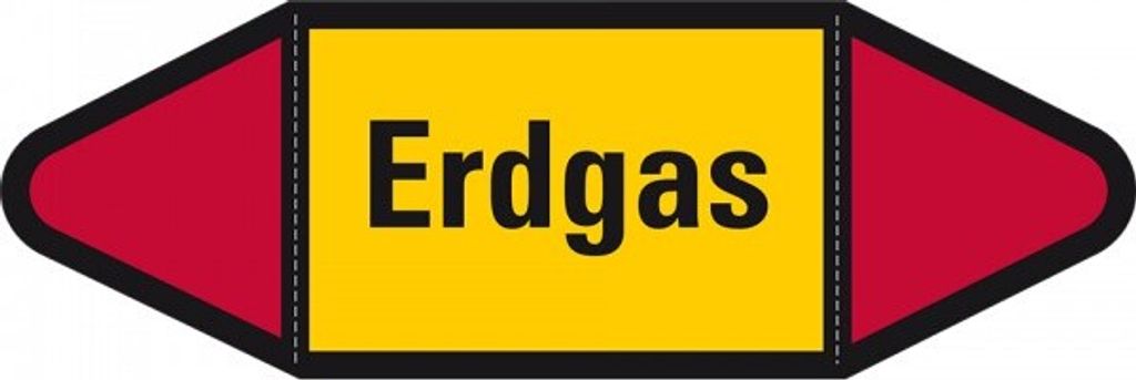 Aufkleber I Rohrleitungsetikett Erdgas, gelb/schwarz/rot, für Ø ab 90mm, 300x...