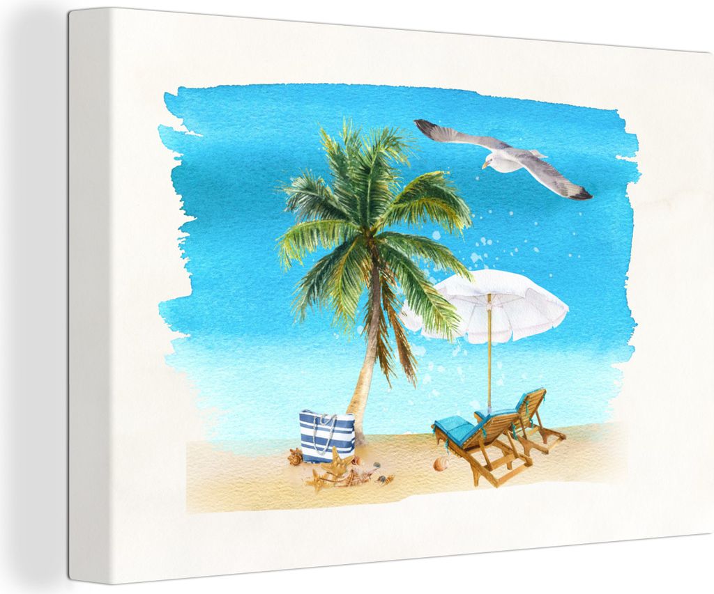 OneMillionCanvasses - Leinwandbilder - 150x100 cm, Strandkorb - Sonnenschirm - Palmen - Strand, Wandbilder Kunstdruck Wanddekoration