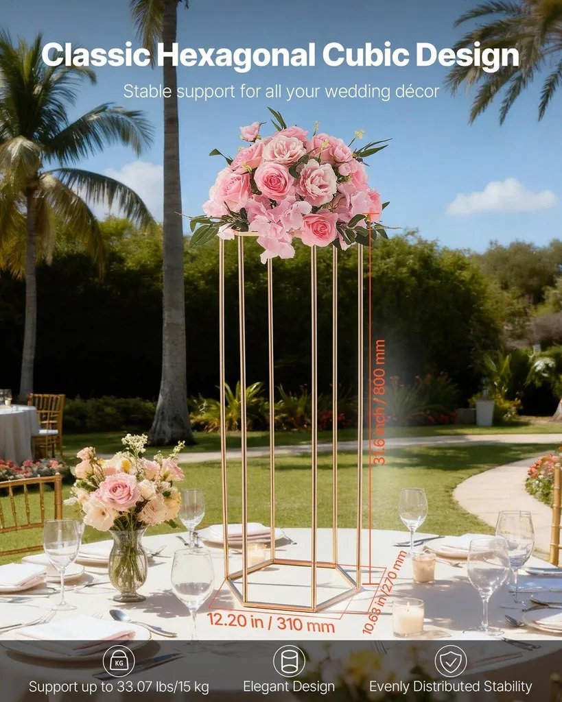 Centre de table mariage colonne dorée 80cm support fleurs hexagonal x10 - 2