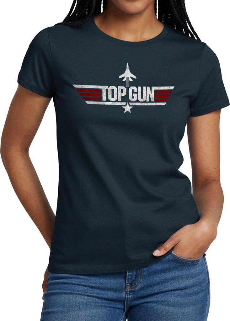 Spreadshirt Top Gun Jet Logo Used Look Frauen T-Shirt, S, Navy