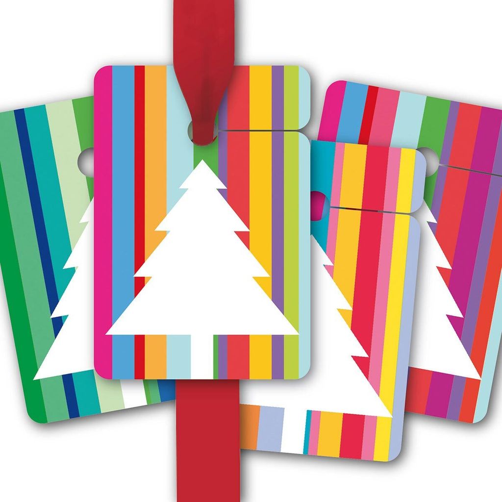 8 Geschenkanhänger mit Weihnachtsbaum auf modernen Streifen