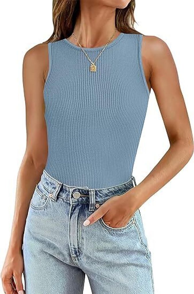 Damen Sommer ärmelloses Rippenoberteil mit hohem Kragen, schmale Passform Grund Shirt