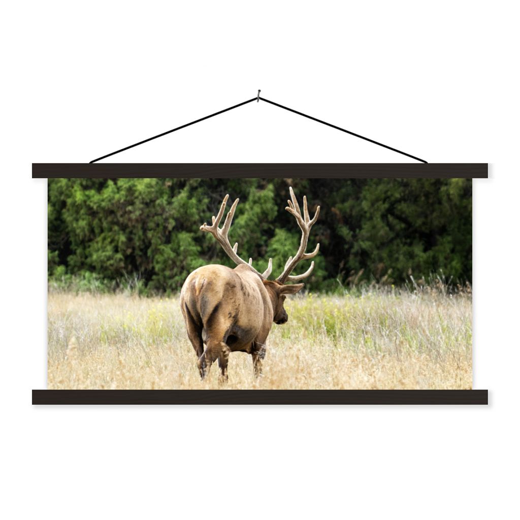 MuchoWow Textilposter Hirsche - Gras - Wald 90x45 cm mit schwarzem Rahmen - Klemmleisten