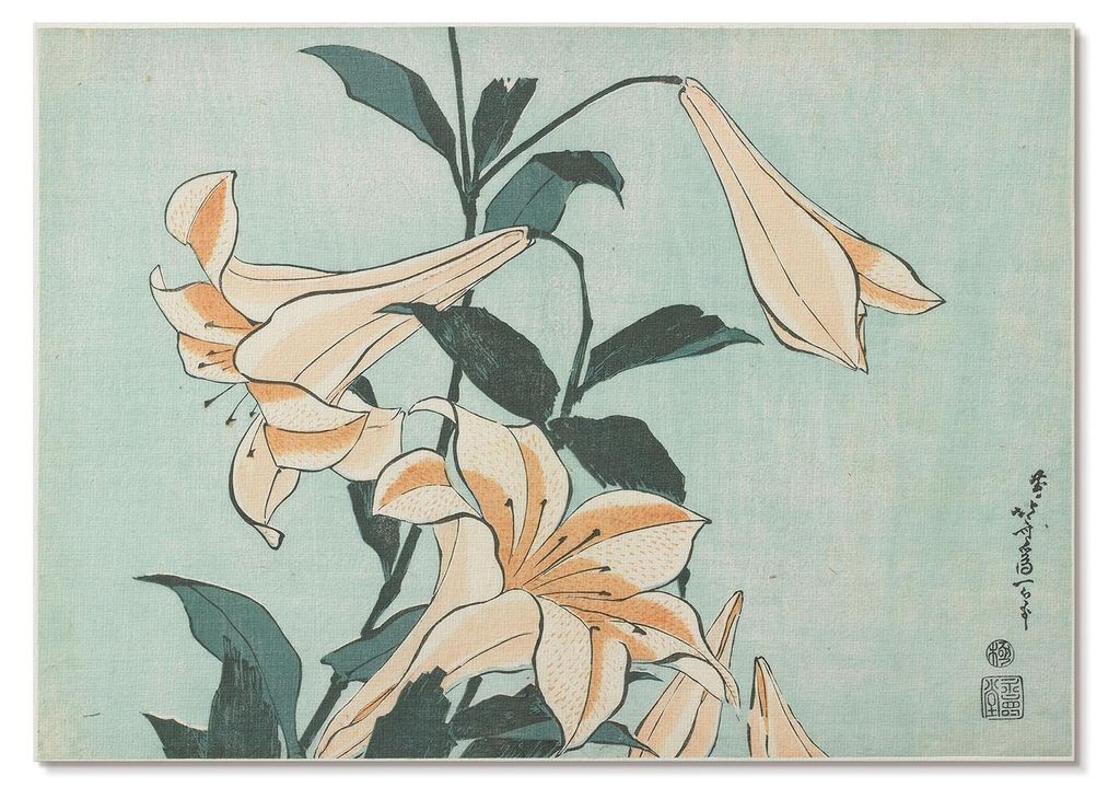POSTER - 29x21 cm (A4) - Hokusai - Lilien (ca. 1833–1834) in hoher Auflösung von Katsushika Hokusai - Wandbild für Wohnzimmer Schlafzimmer & Fl...