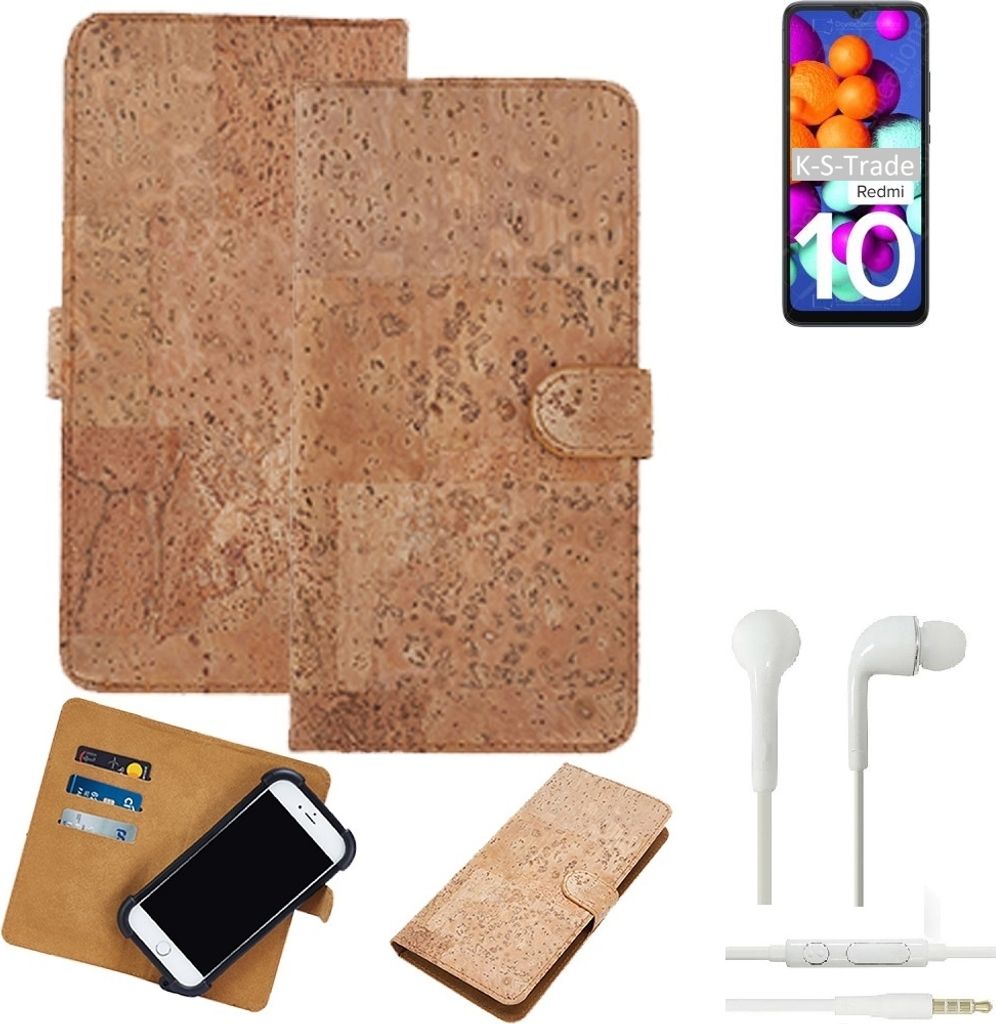 K-S-Trade Hülle kompatibel mit Xiaomi Redmi 10 India + in ear Kopfhörer Kork Handyhülle Cover Schutzhülle TPU Case Bumper in Hellbraun, (1x)