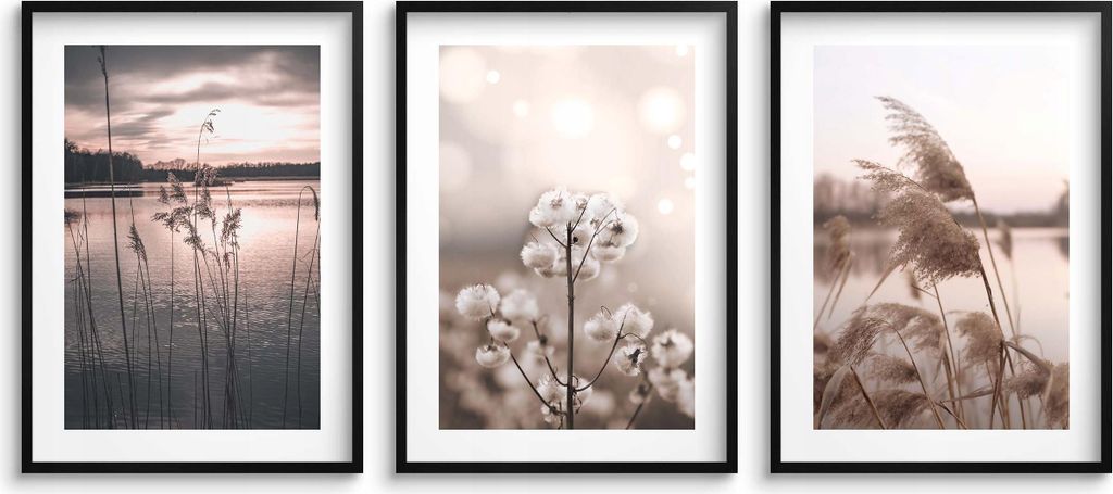 Wandposter Set fürs Wohnzimmer Bilder im schwarzen Rahmen an der Wand See
