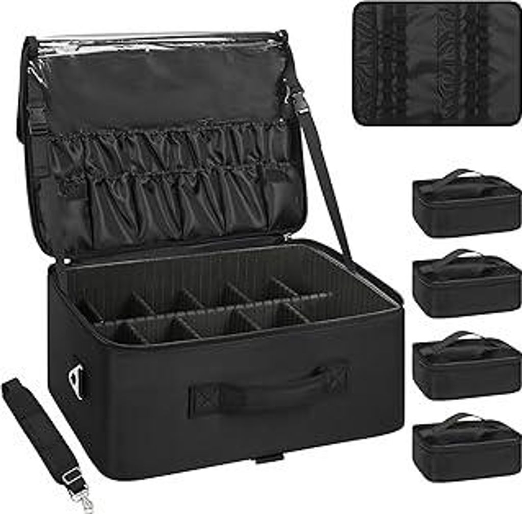 Relavel XXL Make-up-Koffer, Professioneller Kosmetik-Organizer mit Pinselhalter, 4 durchsichtigen Taschen, Lippenstift-Platte, Schultergurt & verst...