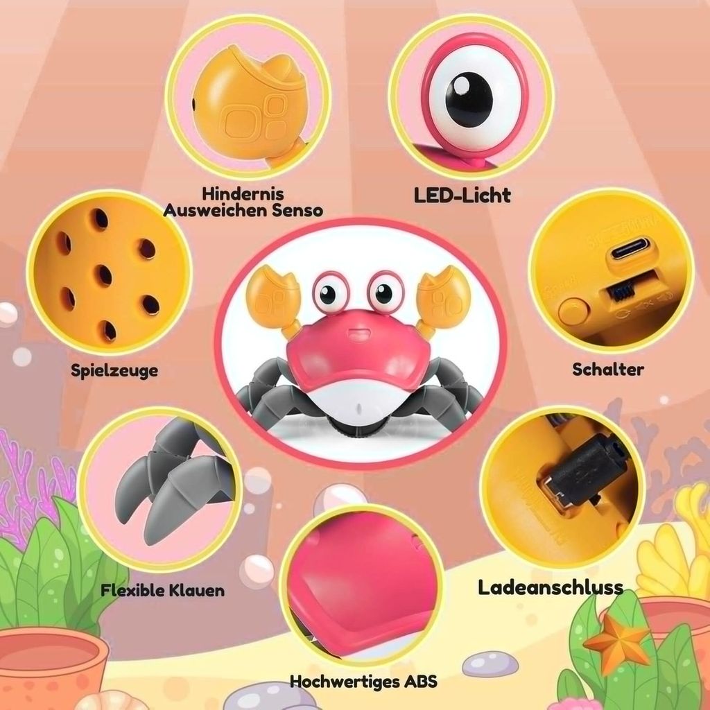 Baby-Krabbelspielzeug – Krabbe Mit Musik, Licht & Hindernisvermeidung – Tummy Time Ab 3 Monaten – Blau – USB-ladbar