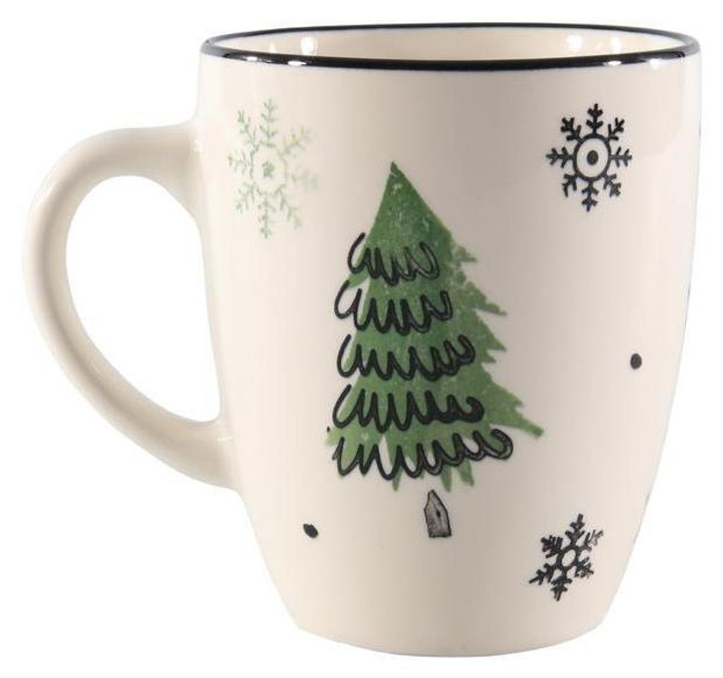 Becher aus Steingut mit grün-weißem Weihnachtsbaum-Motiv, Produktbild 