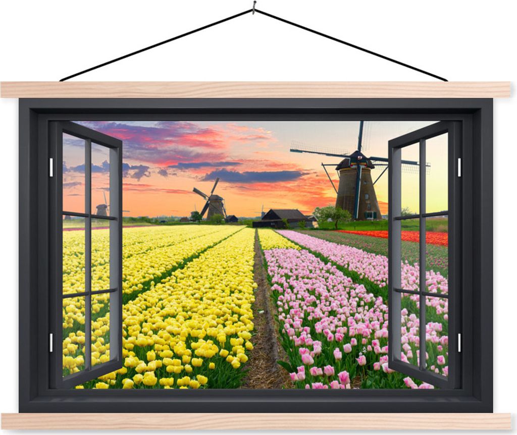 MuchoWow Textilposter Aussicht - Tulpen - Sonnenuntergang 120x80 cm mit holzfarbenen Rahmen - Aufhängeset