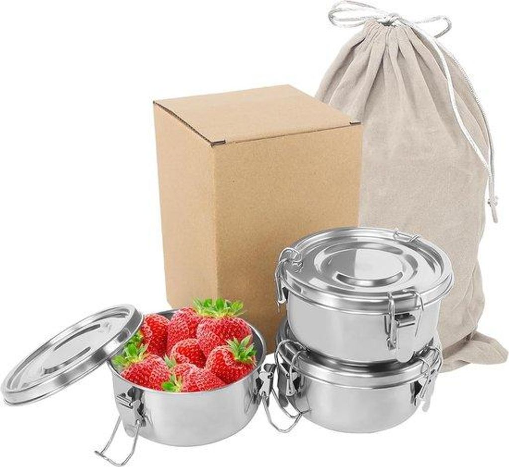 Metallische Essensboxen aus Edelstahl - 3 Stück - mit Abdeckung - für Snacks und Obst