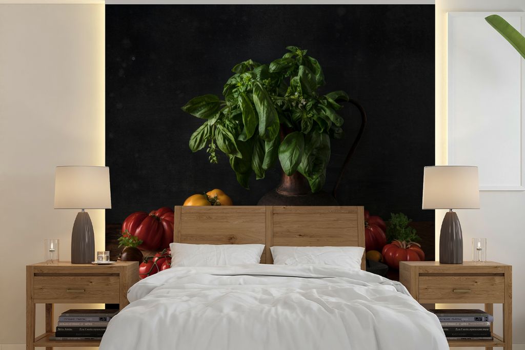 MuchoWow Fototapete für Wohnzimmer oder Schlafzimmer Wandtapete Vinyl Motivtapete Stilleben - Tomaten - Basilikum - Gemälde - Gemüse - Schwarz...