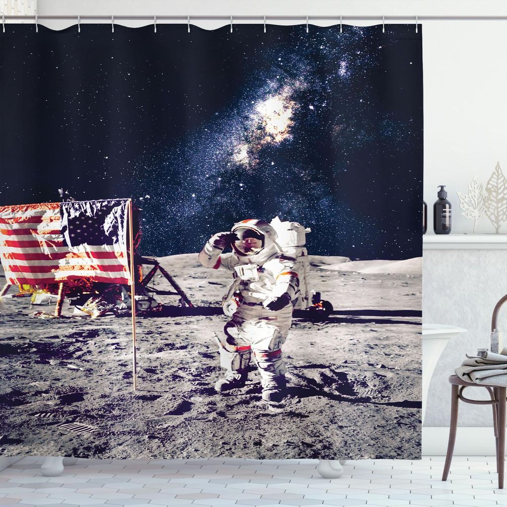 ABAKUHAUS Weltraum Duschvorhang, American Spaceman auf dem Mond Zukunft Solar Discovery in Deep Technology View, 175 x 200 cm, Blau grau