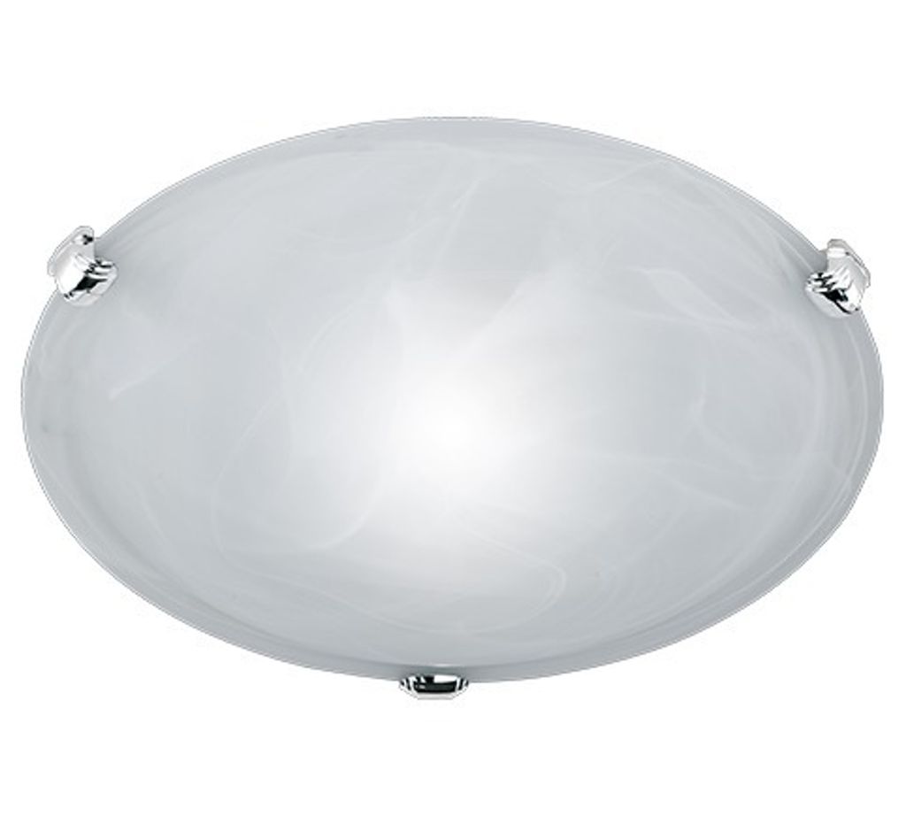A close-up studio shot of a white glass ceiling light fixture with chrome accents.