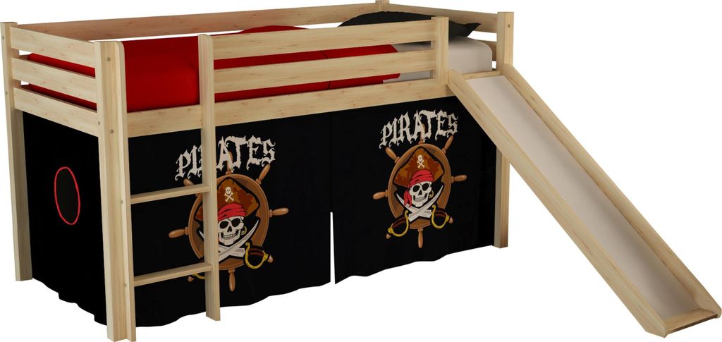 Vipack Spielbett Pino mit Rutsche und Textilset "Pirates" - Kiefer massiv natur lackiert, Maße: 210 cm x 114 cm x 218 cm; PICOHSGB1077