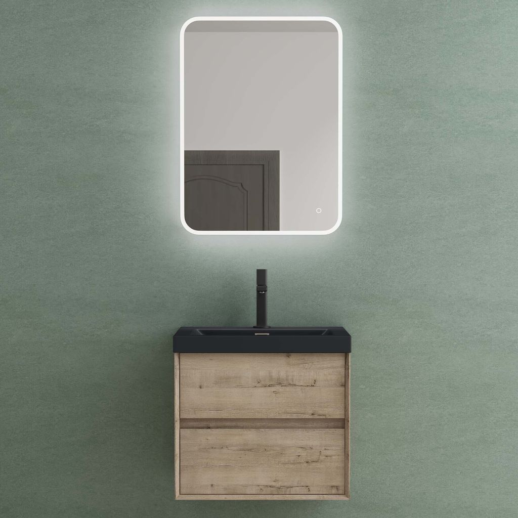 Mai & Mai Badmöbelset Badezimmermöbel Waschbeckenunterschrank 2 Schubladen mit Soft-Close inkl. Waschbecken und LED-Badspiegel Eiche Greige 60 cm...
