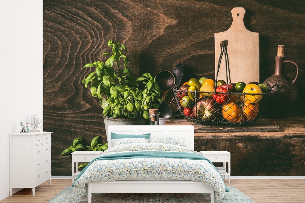 MuchoWow Fototapete für Wohnzimmer oder Schlafzimmer Wandtapete Vinyl Motivtapete Gemüse - Kräuter - Rustikal - Stilleben - Basilikum - 360x24...