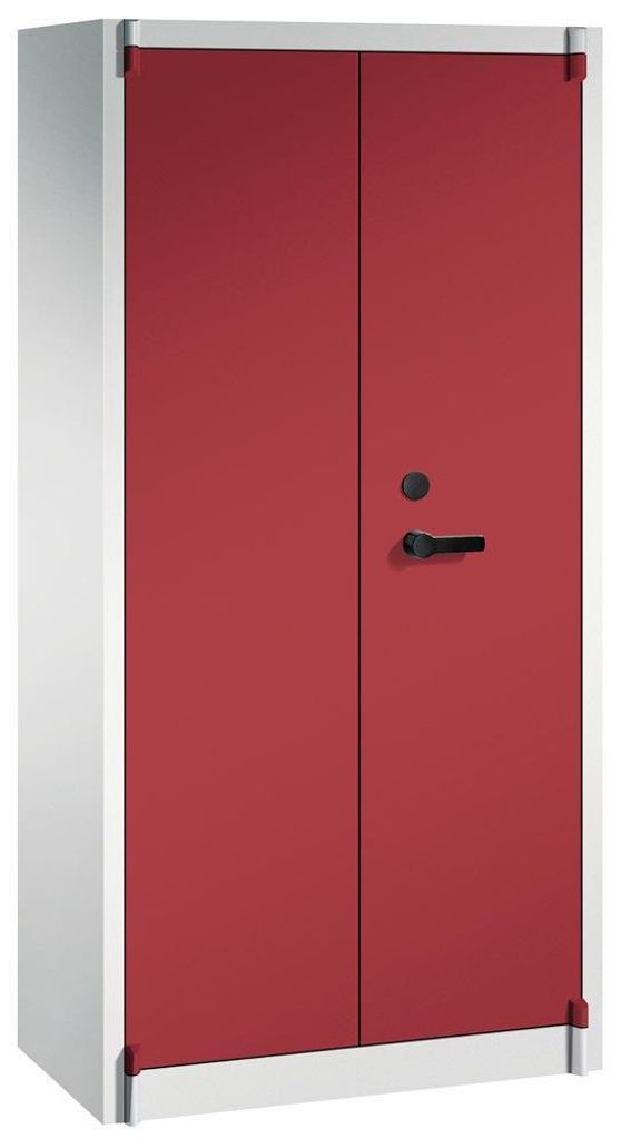 Feuergeschützter Flügeltürenschrank, BxTxH 930x500x1950 mm, 2-türig, 3 Fachböden, 2 Schließfächer, RAL 7035/3003 lichtgrau/rubinrot