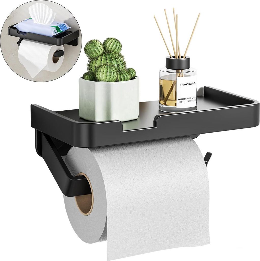 Toilettenpapierhalter Wandmontage, 2-in-1 Ablagefläche, Pilzgriff, Schwarz Aluminium, Rollen- & Boxpapier, Badezimmer Organizer