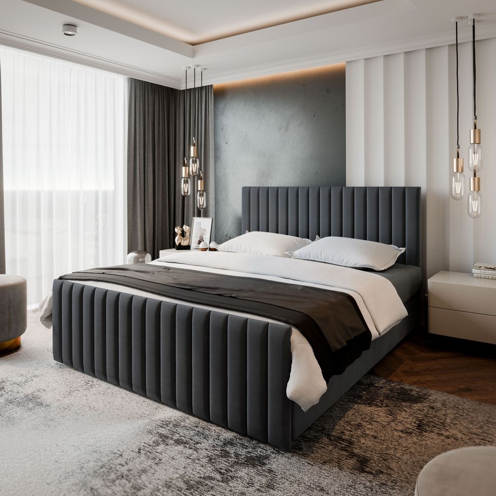 Masseno Boxspringbett ARION 160x200 cm Komplett-Set mit Bonell Matratze und Topper, Polsterbett mit Bettkästen -Grau, PAROS 06