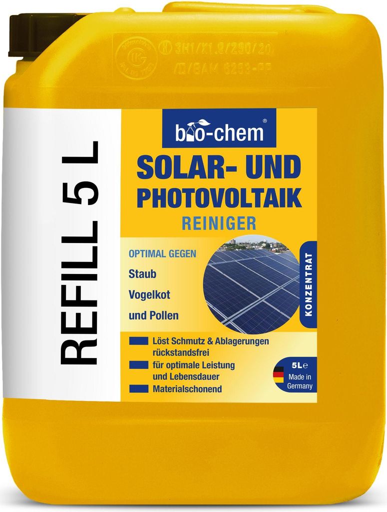 bio-chem Solar- und PV Photovoltaik-Reiniger – 5 Liter Konzentrat - bis zu 1:20 verdünnbar - Tiefenwirksam und materialschonend - DE