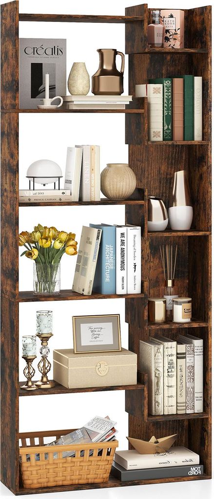 Bücherregal, 163 cm Standregal Holz, Regal mit 11 offenen Fächern, 2 Kippschutz-Sets, Raumteiler Regal, freistehendes Aufbewahrungsregal (Braun)