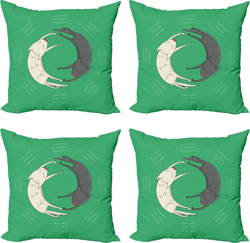 ABAKUHAUS Yin-Yang Kissenbezug Set (4 Stück), Schlafenkatzen Trigramme, Moderner Doppelseitiger Digitaldruck, 50 cm x 50 cm, Sea Green Grau Weiß