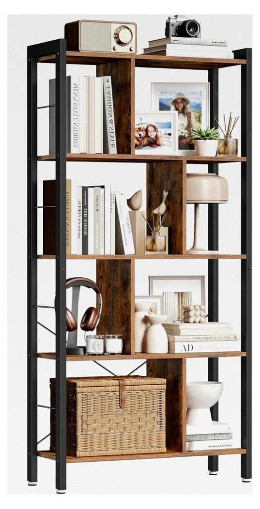 Bücherregal, Büroregal mit 5 Ebenen, Standregal, Aufbewahrungsregal, groß, Metallgestell, vintagebraun-tintenschwarz