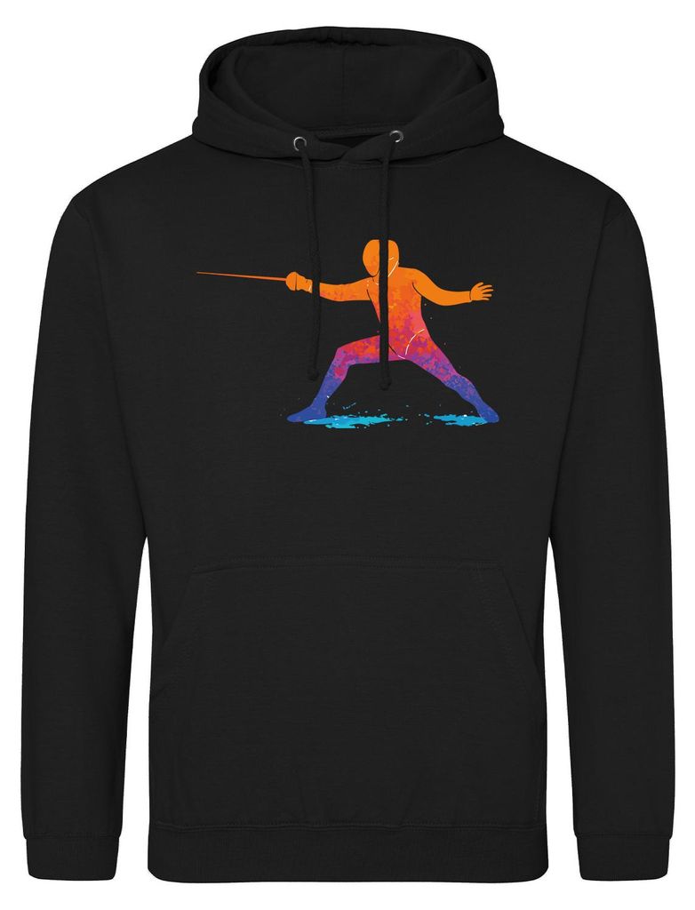 Huuraa Uni Hoodie Fechten bunte Silhouette XXL Deep Black Vegan Sweatshirt Geschenkidee