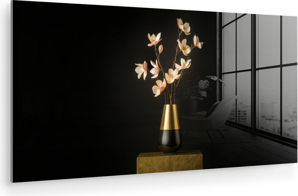 MuchoWow Glasbilder - Bilder auf Wandbild - Foto auf Glas Verschnörkelt - Blumenstrauß - Gold - Vase 40x20 cm Wanddekoration aus Glas - Acrylglas...