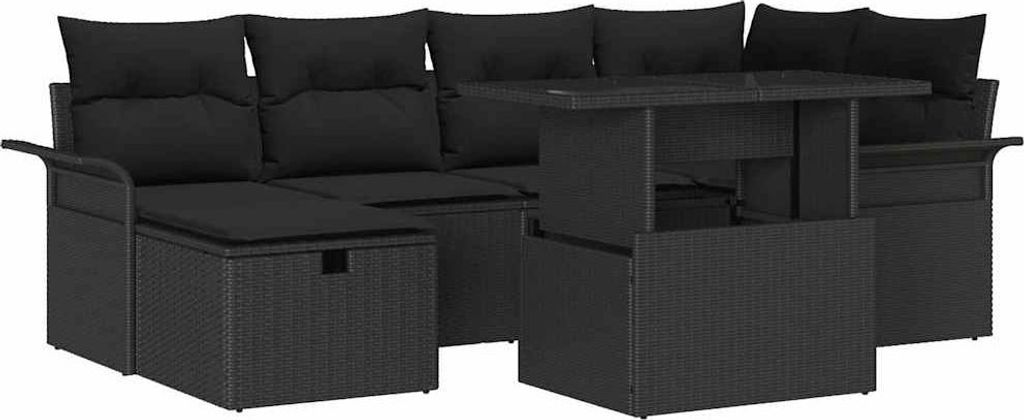 Gartensofa-set mit Kissen 7 pcs Schwarz Poly-Rattan