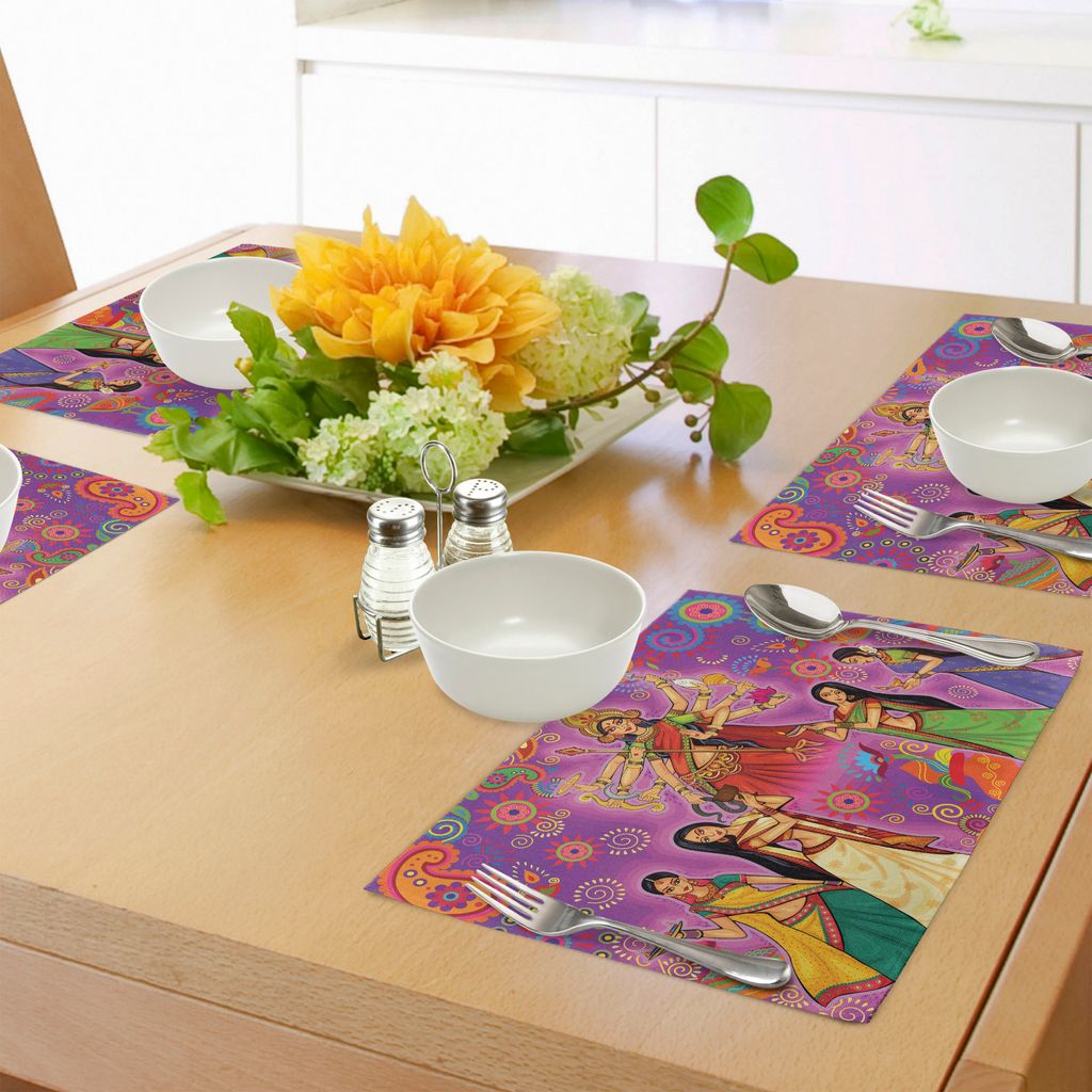 ABAKUHAUS Bengalen Platzmatten, Asiatin in den bunten Kleiderkarikatur-Art-Zahlen auf Paisley und Blumen-Hintergrund, Tiscjdeco aus Farbfesten Stof...