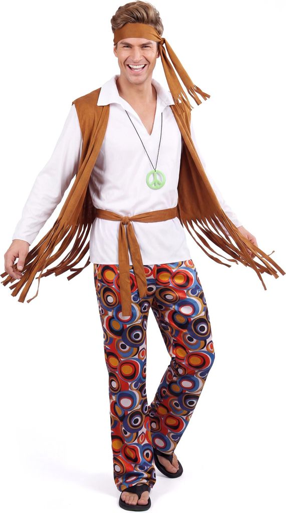 Hippiekostüm für Herren mit Stirnband bunt Small