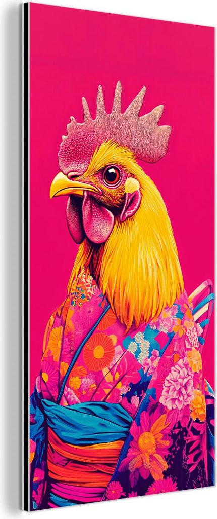 MuchoWow Wanddekoration Metall Metallbild Wandkunst 40x80 cm Hahn - Bunt - Kimono - Rosa MuchoWow Aluminium Gemälde - Wanddekoration - Industrial