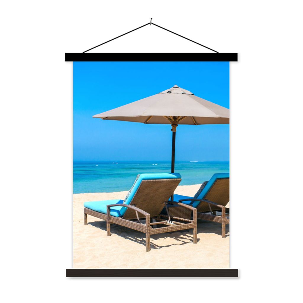 MuchoWow Textilposter Strandkorb - Sonnenschirm - Sommer - Meer 60x80 cm mit schwarzem Rahmen - Plakathalter