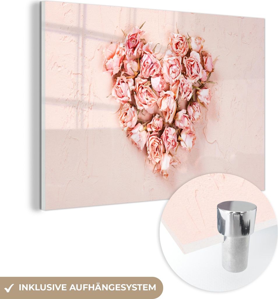 MuchoWow Glasbilder - Bilder auf Wandbild - Foto auf Glas Herz - Blumen - Rosa 90x60 cm Wanddekoration aus Glas - Acrylglasbild - Acrylbilder - Wan...