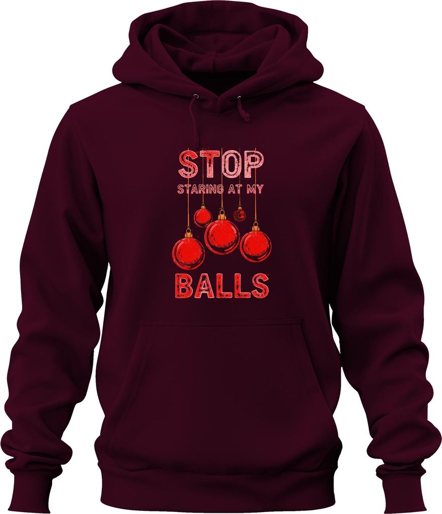 STOP STARING AT MY BALLS Weihnachtskugel Weihnachten Lustig Party Uni Hoodie Kapuzenpullover, Burgundy, XXL