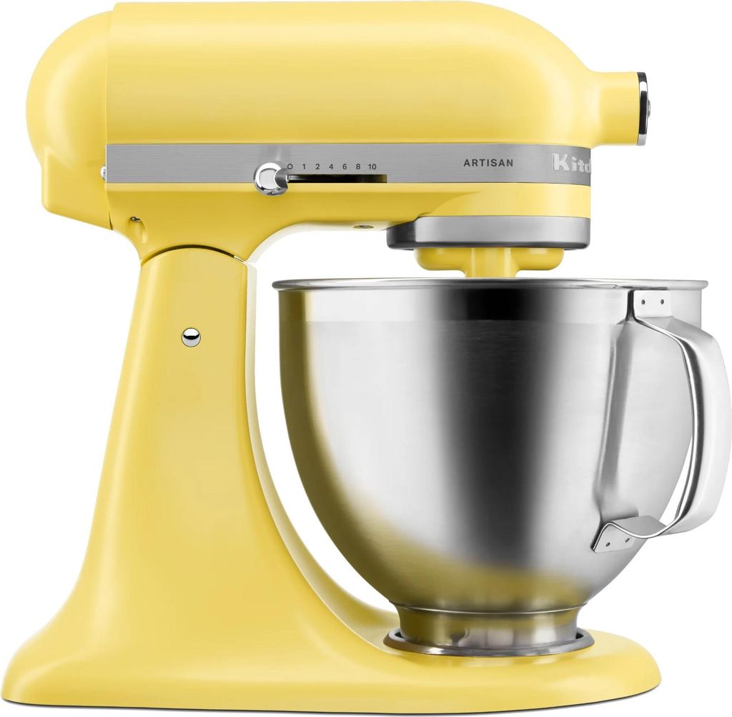 A yellow KitchenAid stand mixer is shown against a white background.