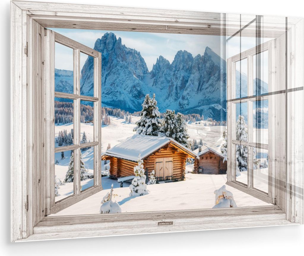 MuchoWow Glasbilder - Bilder auf Wandbild - Foto auf Glas Winterlandschaft - Hütte - Berge - Ausblicke - Aussicht - Natur 60x40 cm Wanddekoration ...