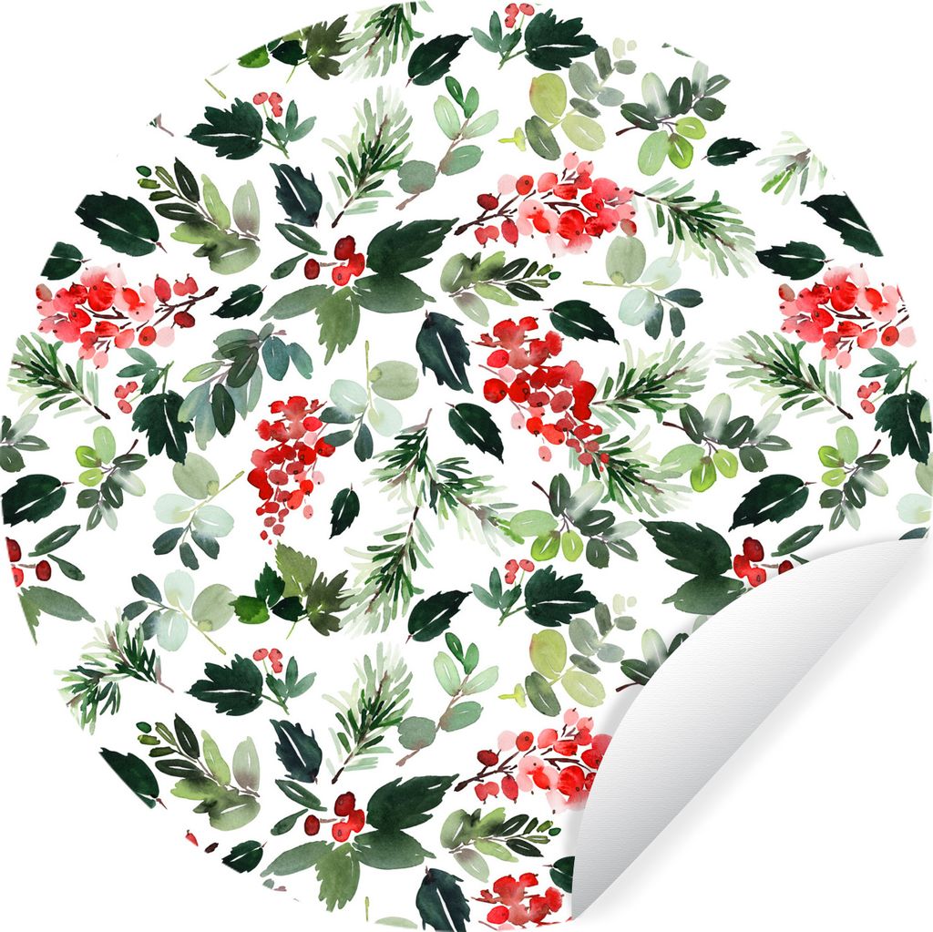 MuchoWow Runde Wandtattoo - Wandsticker Tapete Aufkleber Aquarell - Beeren - Rot Ø 100 cm Selbstklebend und Repositionierbar - Wandaufkleber - K...