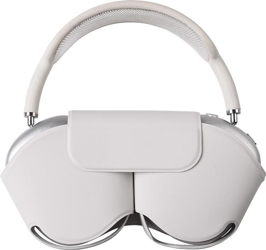 A white and silver pair of headphones is shown from the front.