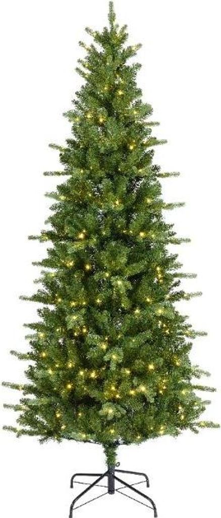 A green artificial Christmas tree with lights on a white background.